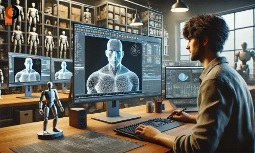 استودیو انیمیشن‌سازی سه‌بعدی با انیماتوری که در حال طراحی کاراکتر در نرم‌افزار Maya است. مانیتورها نمایشگر مدل‌های سه‌بعدی، تایم‌لاین انیمیشن و رندر نهایی هستند.