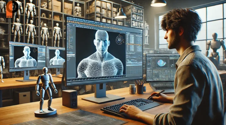 استودیو انیمیشن‌سازی سه‌بعدی با انیماتوری که در حال طراحی کاراکتر در نرم‌افزار Maya است. مانیتورها نمایشگر مدل‌های سه‌بعدی، تایم‌لاین انیمیشن و رندر نهایی هستند.